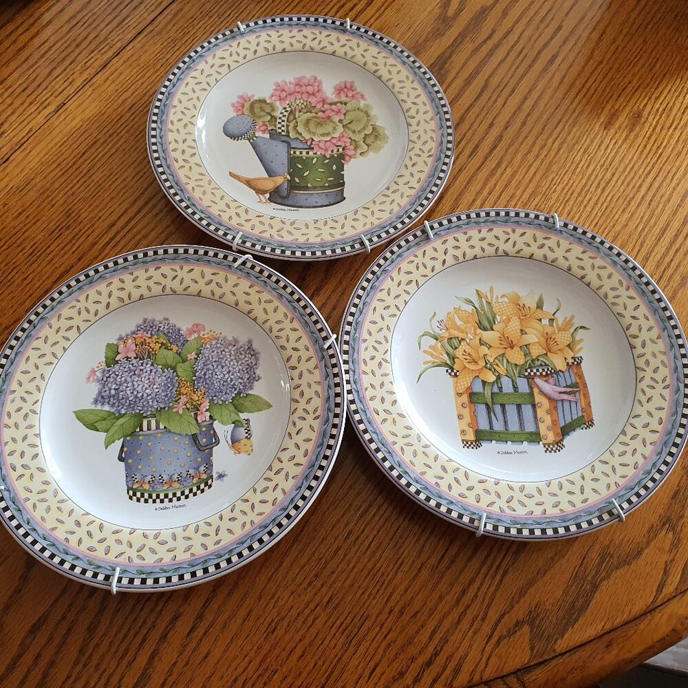 1999 Debbie Mumm For Sakura 3pc Spring Bouquet Salad Plates 8.25 In Cottagecore